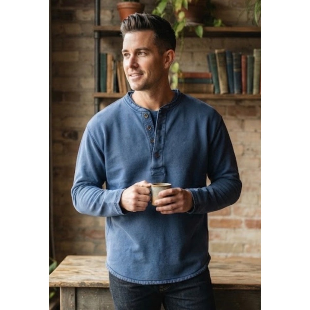 Abercrombie & Fitch Mens S Blue Henley Sweatshirt Fleece Raw Hem Long Sleeve